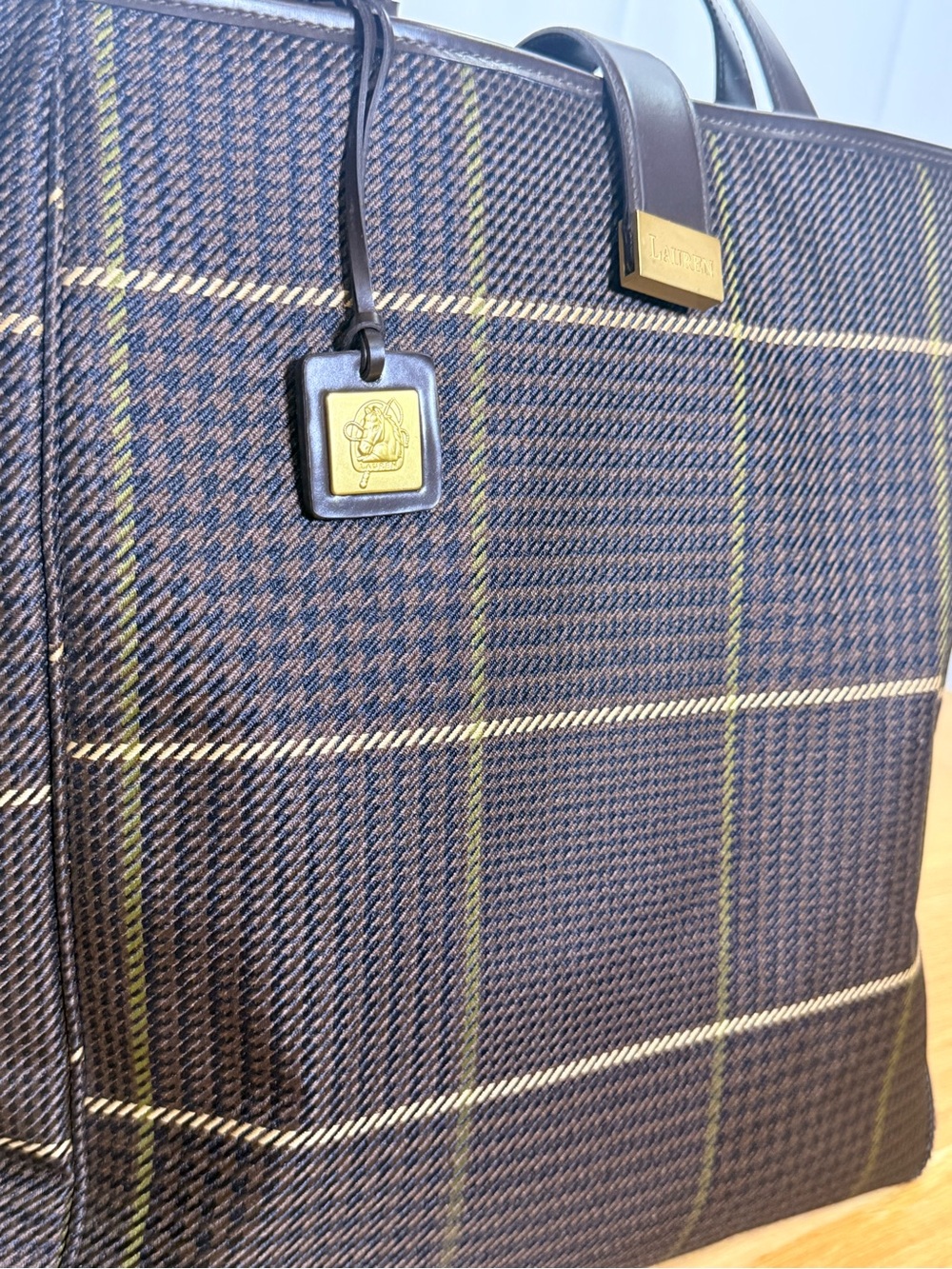 Lauren Ralph Lauren Plaid Tote Bag Brown, beige, Green Windowpane Shoulder Purse - Picture 6 of 16
